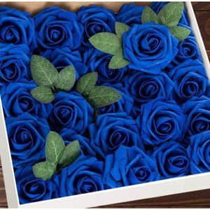 25 count Royal Blue Roses Flowers with stem leaves Wedding Party Bouquet Decor
